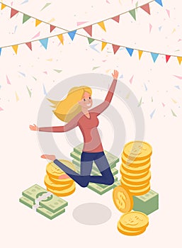 Joyfully jumping money owner vector character. Happy woman, cash prize winner, honorarium payee cartoon illustration photo
