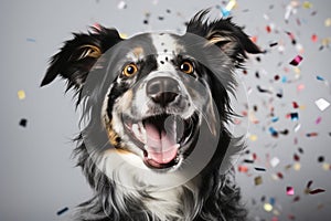 Joyous Australian Shepherd with a Festive Confetti Background