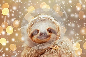 A joyous baby sloth enveloped in warm golden lights