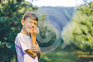 Joyous boy biting fresh red apple, enjoying time in autumn garden.