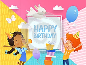 Joyous Boy and girl in birthday hats happily jump. Vector Illustration of a Happy Birthday Greeting Card with balloons