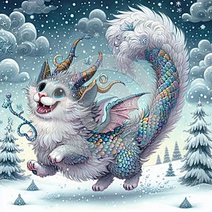 Joyous Cat-Dragon in a Blissful Snow Dance