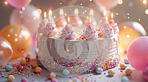 Joyous Celebration: AI-generated Birthday Cake with Candles and Balloons