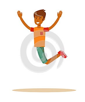 Joyous man jumping with raised arms