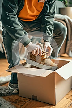 Joyous moment of man opening a delivered package, revealing the ordered shoes inside.