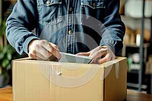 Joyous moment of person opening a delivered package, revealing the ordered smartphone inside.