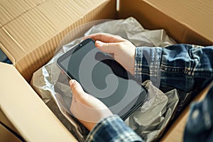 Joyous moment of person opening a delivered package, revealing the ordered smartphone inside