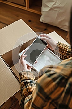 Joyous moment of person opening a delivered package, revealing the ordered smartphone inside.