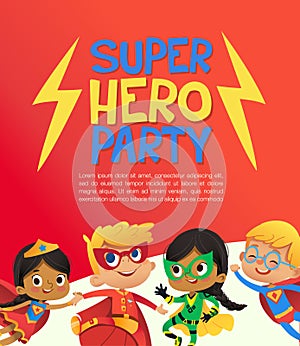 Joyous Multiracial kids in super hero outfit and balloons happily jump. Vector Illustration of a Super Hero Party poster