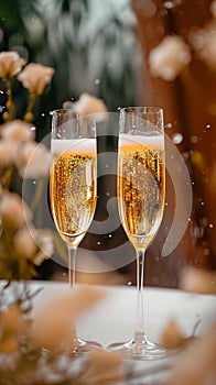 Joyous occasion Champagne glasses raised high in wedding celebration