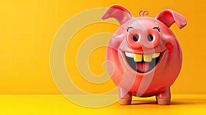 Joyous pink piggy bank with wide smile against a bright yellow background.