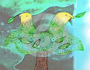 Joyrful Parrots in a Tree Whimsical Art