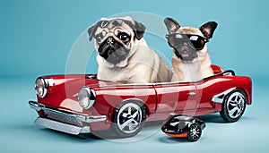 Joyride Companions: Funny Pug Dog and Cat with Sunglasses in Toy Car