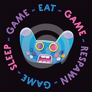 Joystick Cartoon Character Face. Controller Vector Illustration. Angry Screaming Wireless Gamepad with Text