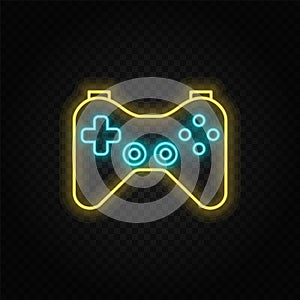 Joystick, game controller, gaming neon icon. Blue and yellow neon vector icon