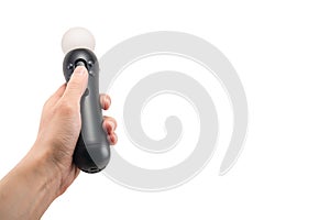 Joystick gamepad in the player`s hands isolated on white