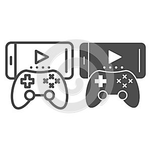 Joystick and mobile phone line and glyph icon. Portable games vector illustration isolated on white. Mobile games with