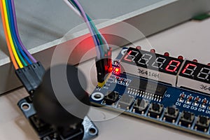 Joystick Open Circuit Boards Connected Arduino Screws Blue PCB B photo