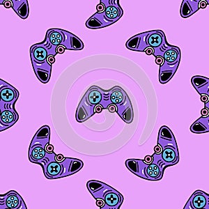 Joystick seamless vector pattern. Game console symbol. Gamepad for video, 3D, VR, AR. Bright modern gadget on a pink