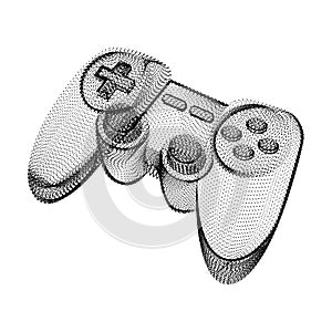 Joystick silhouette consisting of black dots and particles. 3D vector wireframe of a gamepad controller device with a grain