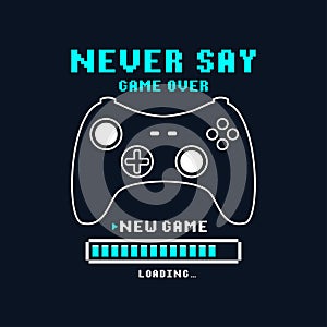 Joysticks gamepad t-shirt design with pixel text and slogan. Tee shirt typography graphics for gamers. Slogan print for video game