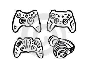 joysticks and headphones on a white background, logo. Hand drawn illustrations for textile design, banners, posters.