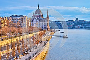 Jozsef Antall embankment and Hungarian Parliament, Budapest, Hungary