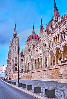 The view of Parliament building from Jozsef Antall embankment, Budapest, Hungary