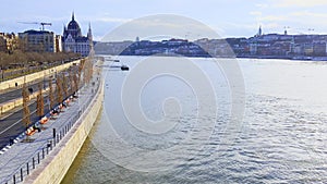 Jozsef Antall quay and Parliament on Danube River, Budapest, Hungary