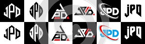 JPD letter logo design in six style. JPD polygon, circle, triangle, hexagon, flat and simple style with black and white color