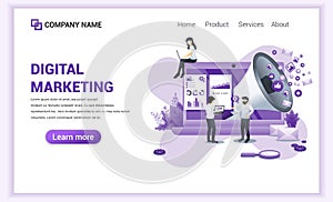 Modern Flat design concept of Digital Marketing with giant megaphone and characters. Can use for web banner, content strategy, inf