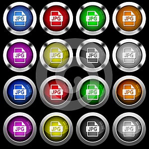 JPG file format white icons in round glossy buttons on black background photo