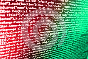 Js and the abstract background. Programming text on dark screen. Source PC website developer. Data optimization. Programmer coding