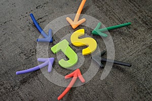 JS, Javascript modern programming language for software development or application concept, multi color arrows pointing to the