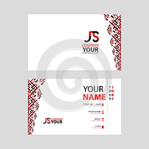 The JS logo on the red black business card with a modern design is horizontal and clean. and transparent decoration on the edges.