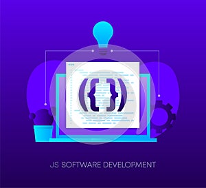JS Software Development Programming concept on dark gradient background. Laptop with envelope, open window with
