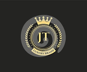 JT Initial Letter Gold calligraphic feminine floral hand drawn heraldic monogram antique vintage style luxury logo design Premium