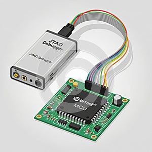 JTAG debugger connected to a microcontroller unit MCU via colorful ribbon cables