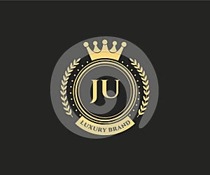 JU Initial Letter Gold calligraphic feminine floral hand drawn heraldic monogram antique vintage style luxury logo design Premium