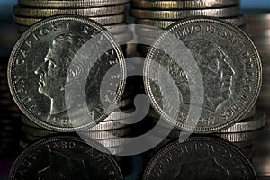 Juan Carlos I King of Spain 1980 Francisco Franco Five Pesetas Coin 1957 Obverse Close Up Stacks Black Background Macro