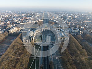 Jubelpark, Park of the Fiftieth Anniversary in Brussels, Belgium. Europe. Urban monumental park, aerial drone overhead