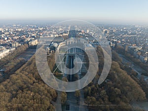 Jubelpark, Park of the Fiftieth Anniversary in Brussels, Belgium. Europe. Urban monumental park, aerial drone overhead