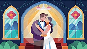Jubilant cheers erupted as the couple shared their first kiss as newlyweds once again under the stained glass windows of photo