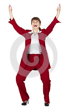 Jubilant young woman in red business suit