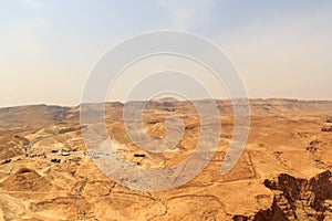 Judaean Desert mountain panorama with wadis seen from Masada fortress, Israel