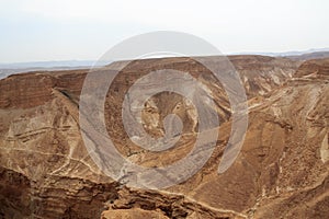 Judaean Desert mountain panorama with wadis seen from Masada fortress, Israel