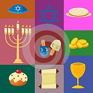 Judaism church traditional symbols icons set illustration