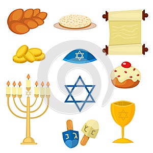 Judaism church traditional symbols icons set isolated vector illustration