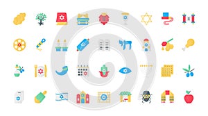 Judaism flat icons set, Israel religion symbols, Hanukkah and synagogue, rabbi.