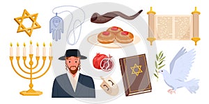 Judaism, Jewish religion and culture set, Hanukkah festival symbols and gifts collection